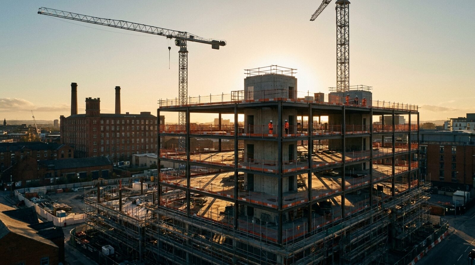 A six-storey steel frame under construction at golden hour with two tower cranes and a red brick mill beyond